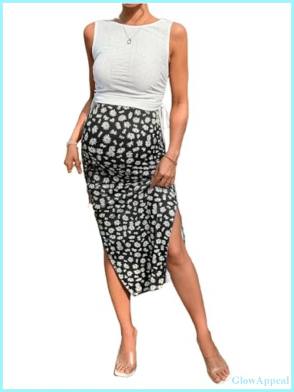 Maternity Two Piece Tank Top and Floral Midi Skirt Set
